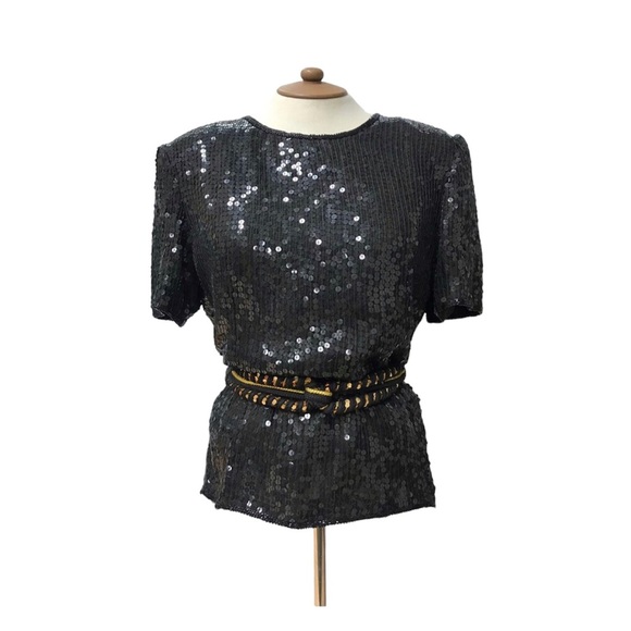 Vintage Designer Black Sequins & Silk Dressy Glam Top, Sz M - Picture 5 of 7